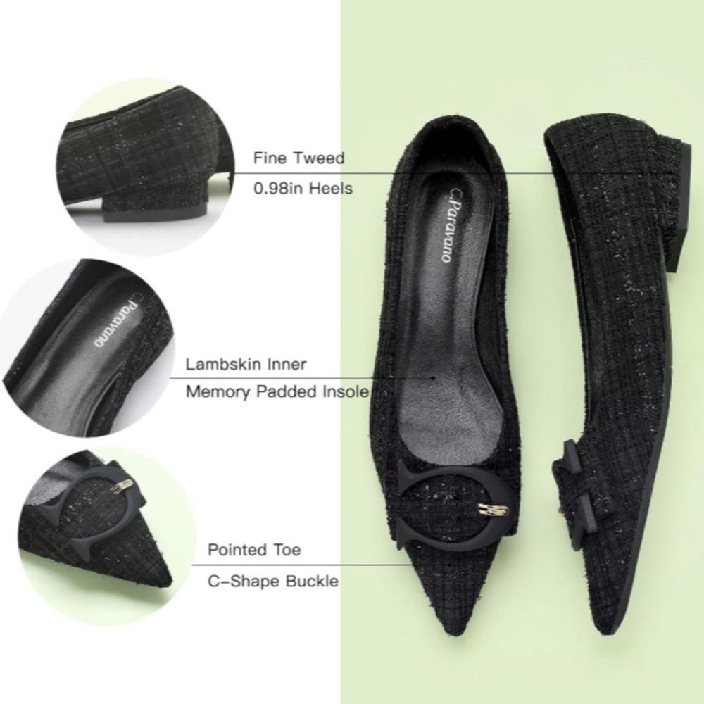 C.Paravano Black tweed pointed toe flats with C Buckle size 36 - Picture 15 of 15